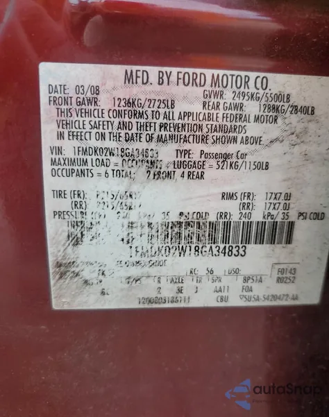 2008 Ford Taurus X Sel from USA, damaged, VIN 1FMDK02W18GA34833